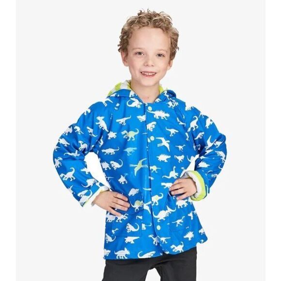Hatley Kid’s Color Changing Dinosaur Ménagerie Snap Front Hooded Raincoat Size 8 - Picture 1 of 16